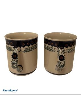 POLISH POTTERY 2 MUGS CUPS PAIR COFFEE BLUE WHITE HANDMADE HOME DINING 8 oz.